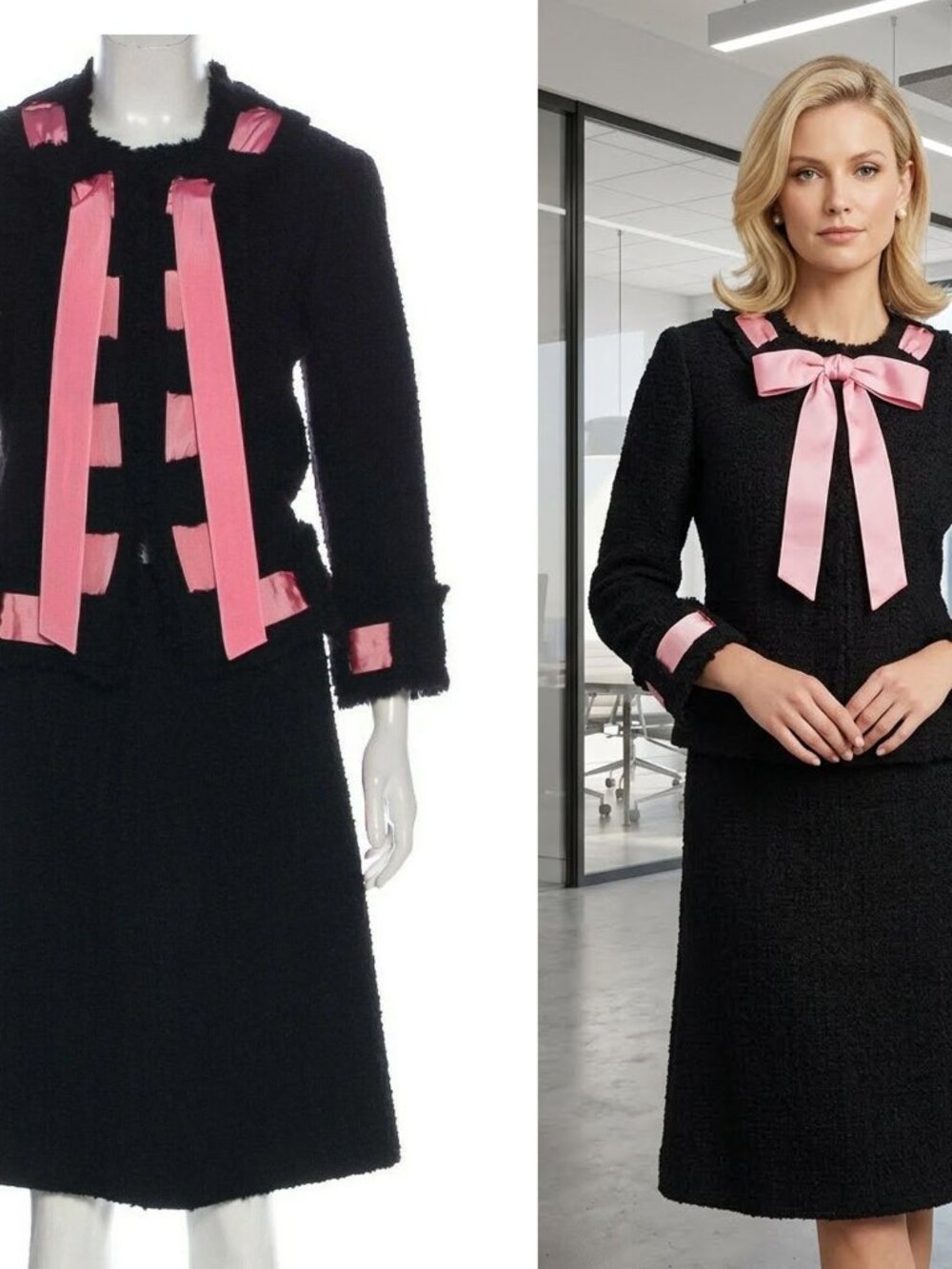 Moschino Italian Black Virgin Wool Pink Ribbon Bow Skirt Suit Jacket IT 42 US 8